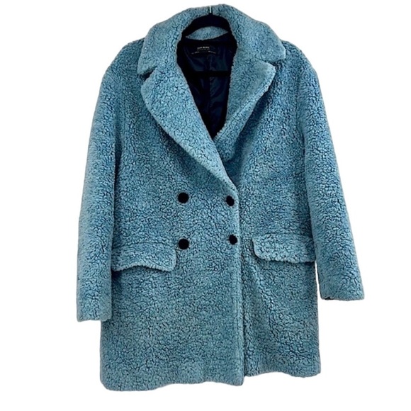 ZARA BASIC Oversized Lined Wool Blend Teddy Coat in Beautiful Blue Size Small - Picture 3 of 5